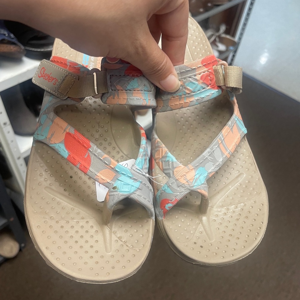 Skechers Beige Sandals with Coral and Aqua Floral Straps